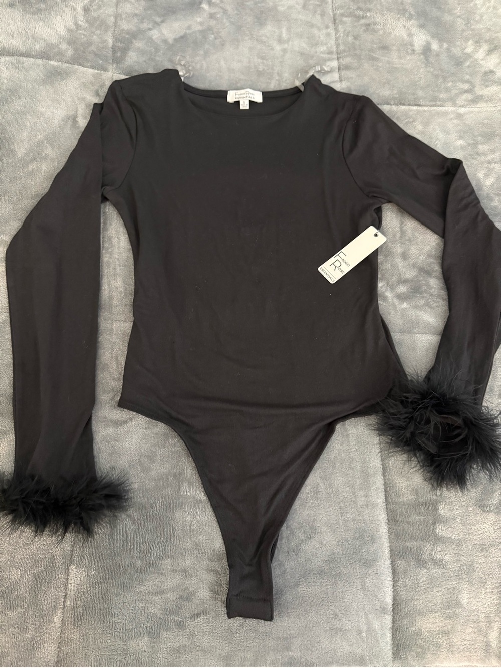 Feather-Cuff Long Sleeve Bodysuit - Black